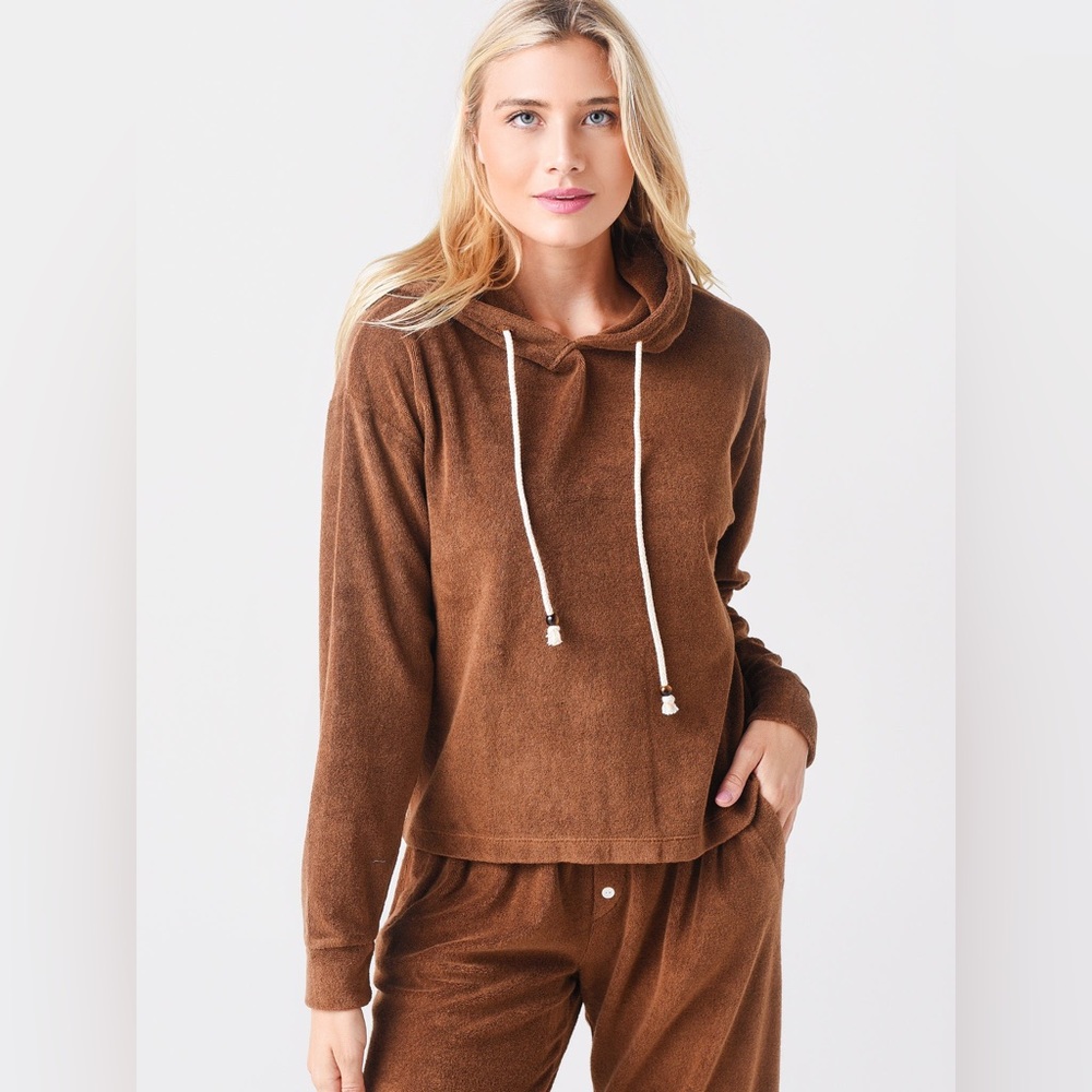 DONNI TERRY GEM HOODIE Brown Size Small Revolve Cotton Elevated Basic